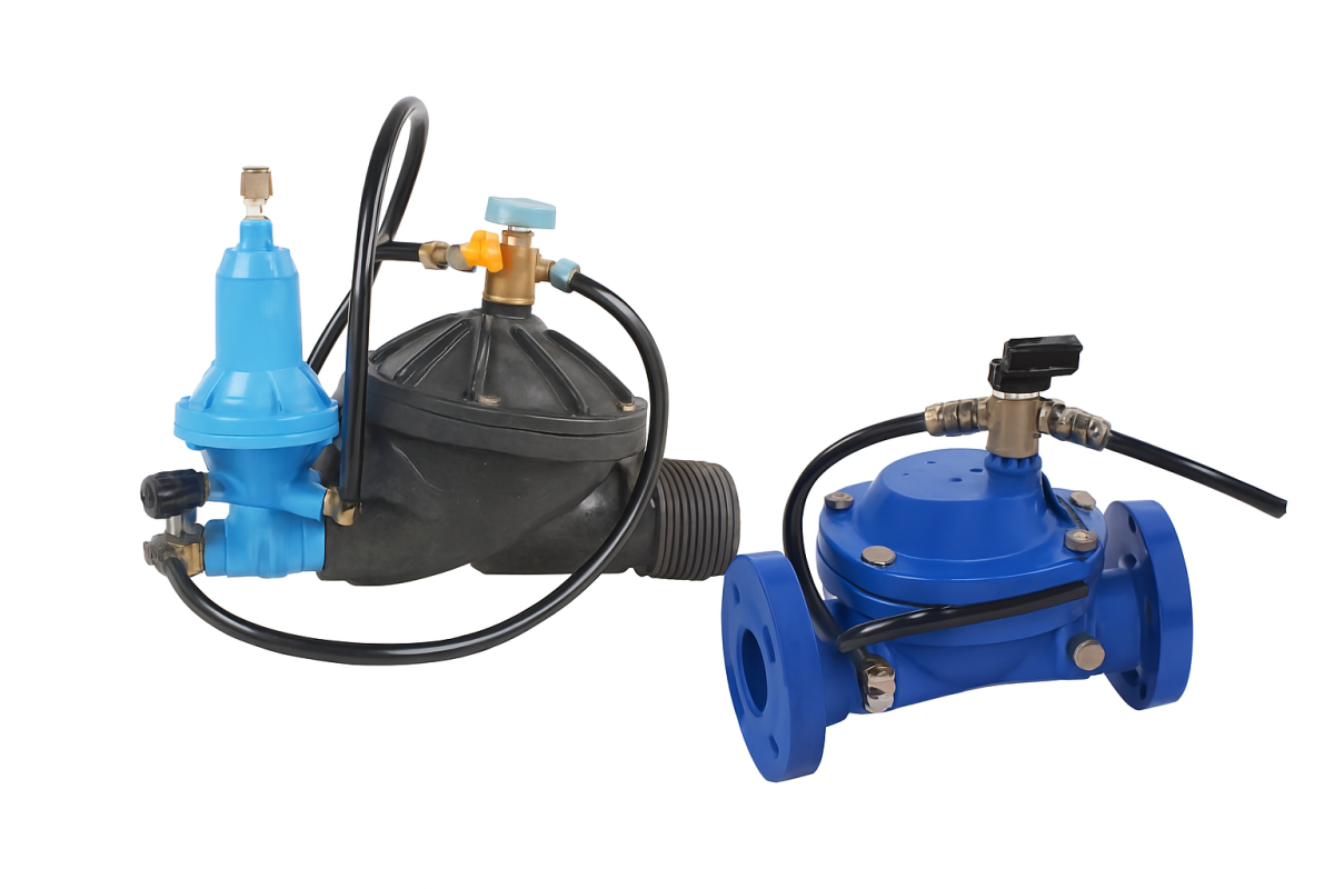 Componentes hidráulicos para riego agrícola: válvula de diafragma con regulador de presión y medidor de flujo con extremos bridados, utilizados para control y medición de caudal en sistemas de filtración